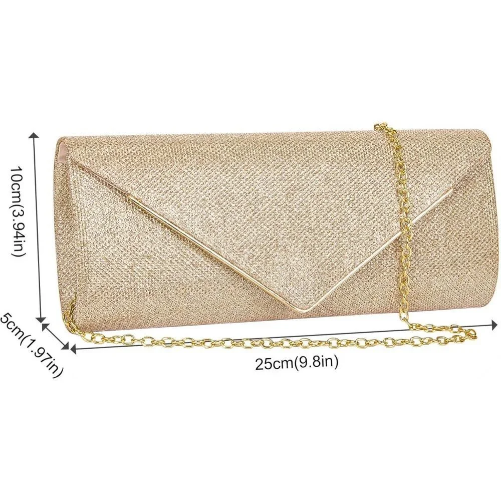 Women's Champagne Gold Sparkling Envelope Bag With Detachable Chain Clutch Purse